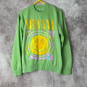 NIRVANA Green and Yellow Graphic Crewneck Sweater. Medium Grunge Punk